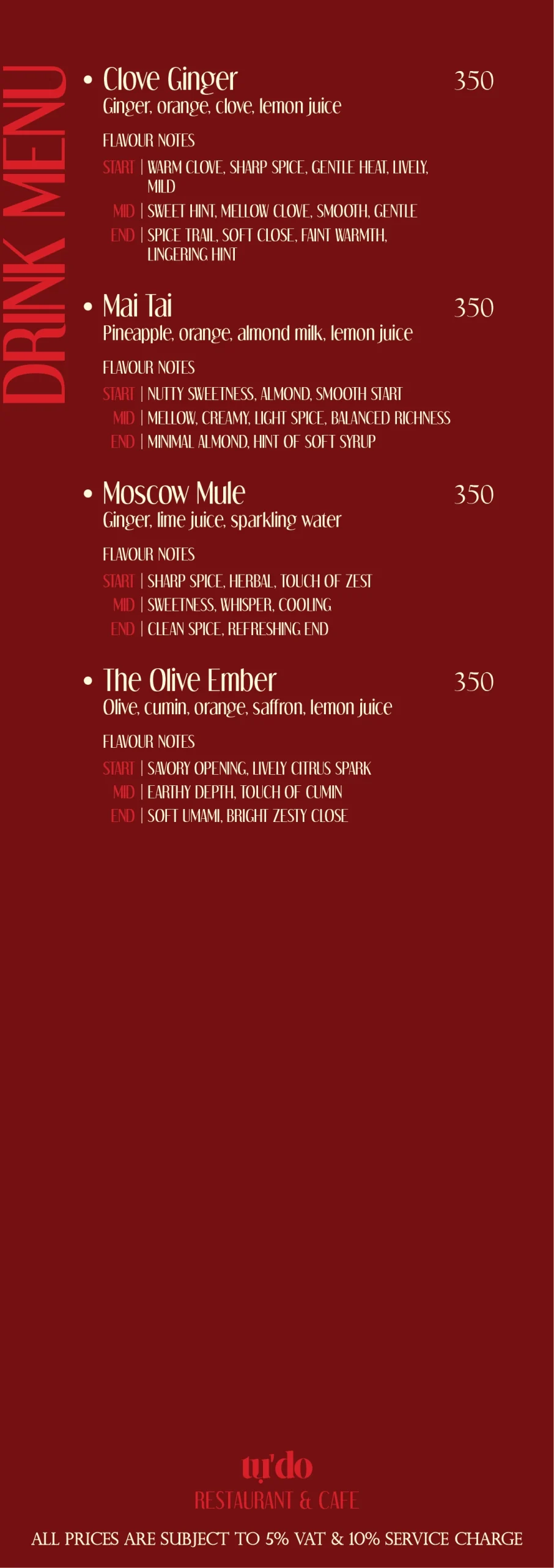 Printed drinks menu page 2