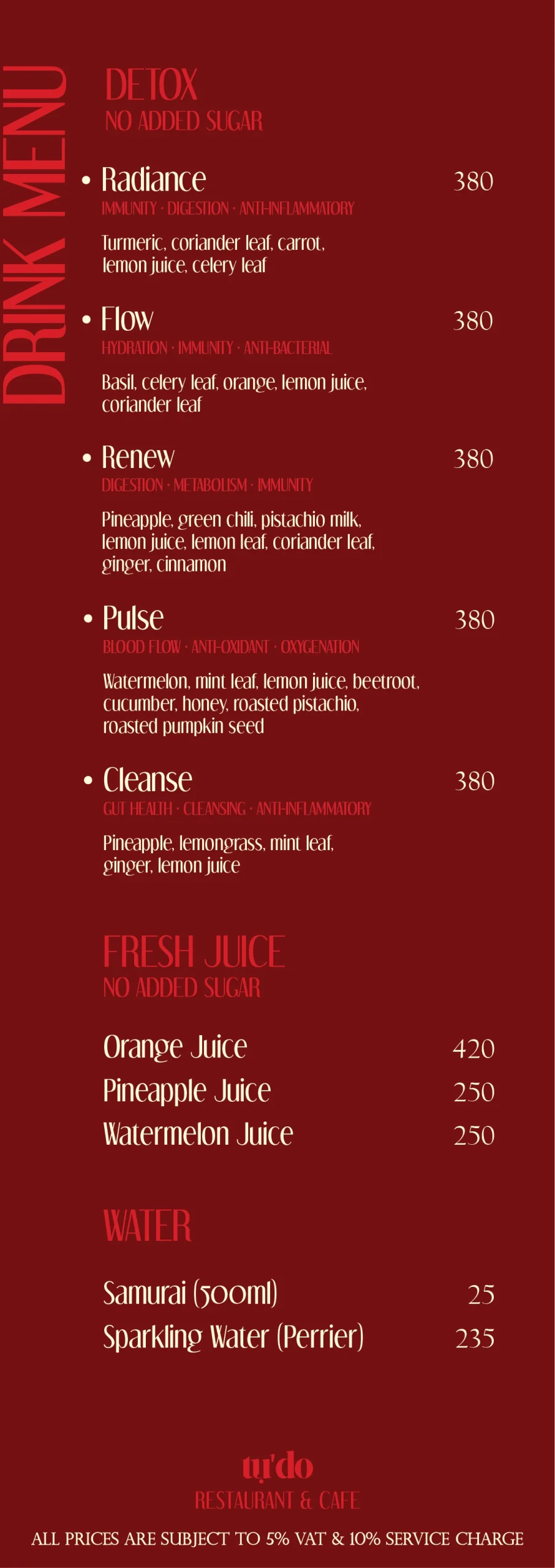 Printed drinks menu page 3