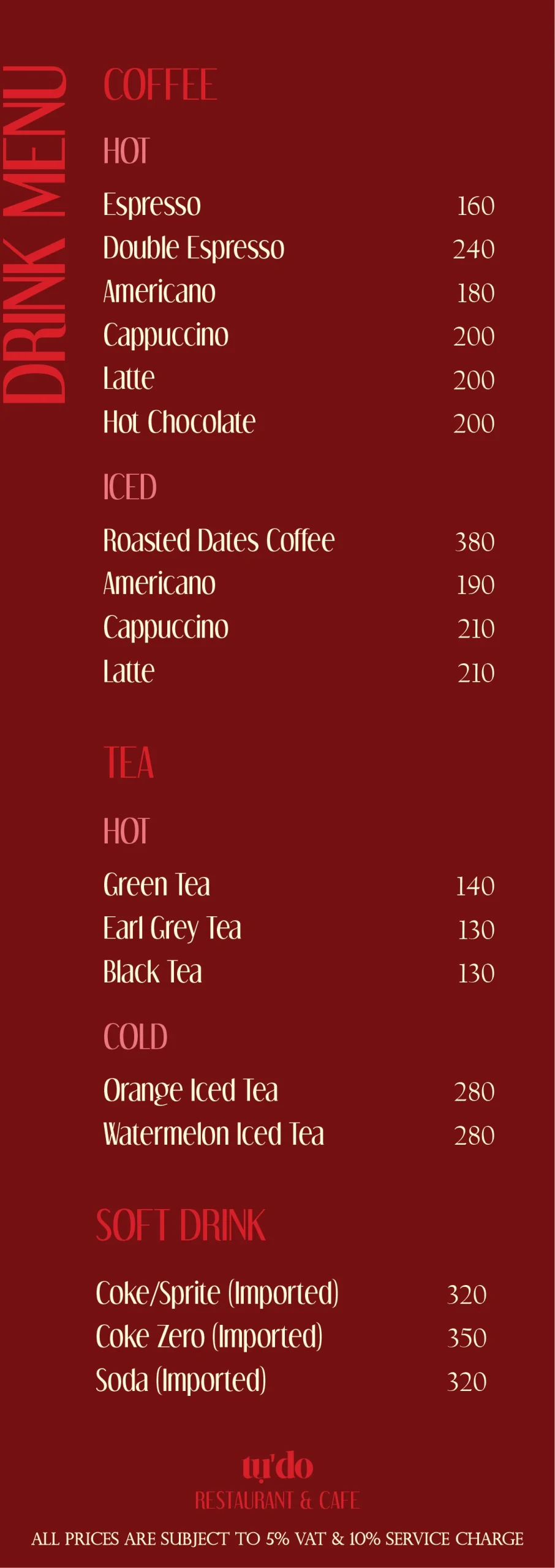 Printed drinks menu page 4